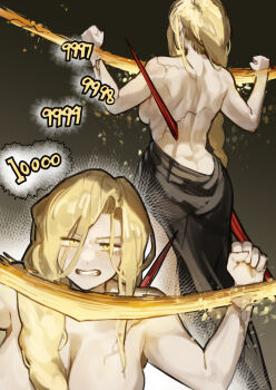 1girl absurdres back black_background black_dress blonde_hair breasts clenched_teeth commentary_request cracked_skin crucifixion damage_numbers dress elden_ring highres large_breasts long_hair median_furrow miao_jiangyou queen_marika_the_eternal solo standing teeth v-shaped_eyebrows yellow_eyes