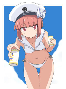 1girl anchor bikini blue_background blush border bow can character_name cloud collarbone commentary_request drink_can hat hat_bow holding holding_can kantai_collection kugui_kiyunemu leaning_forward looking_at_viewer medium_hair navel official_alternate_costume open_mouth outside_border red_eyes red_hair sailor_bikini sailor_collar side-tie_bikini_bottom sidelocks simple_background smiley_face solo stomach swimsuit thigh_gap white_bikini white_border white_bow white_hat white_sailor_collar z3_max_schultz_(kancolle) z3_max_schultz_(swimsuit)_(kancolle)
