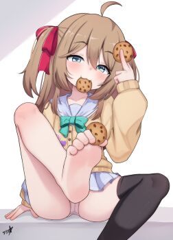 1girl :3 absurdres barefoot between_fingers between_toes black_thighhighs blue_eyes blush boppin brown_hair cookie feet food foot_focus highres holding indie_virtual_youtuber long_hair looking_at_viewer neuro-sama panties pantyshot single_thighhigh soles thighhighs toes twintails underwear virtual_youtuber