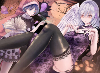 2girls alternate_costume angel_wings architecture bat_(animal) black_dress black_legwear blob blue_hair blush book braid branch breasts china_dress chinese_clothes cleavage commentary_request doremy_sweet dream_soul dress east_asian_architecture feathered_wings floral_print french_braid hair_ornament halloween_costume hat jack-o&#039;-lantern kishin_sagume lace_trim large_breasts moon multiple_girls niradama_(nira2ratama) open_mouth pelvic_curtain red_eyes red_headwear santa_hat short_hair silk single_wing smile spider_web standing tassel thighhighs thighs touhou tree white_dress wings