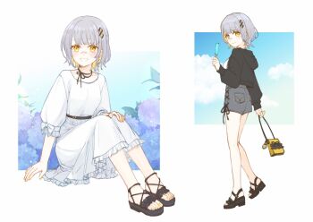 1girl bag bandaid bandaid_on_face bandaid_on_nose black_jacket black_sandals blonde_hair blue_sky closed_mouth colored_inner_hair commentary_request dress food grey_hair grey_shorts grin hachi_(live_union) hair_ornament highres holding holding_bag holding_food holding_popsicle inoki_(pixiv4744050) jacket live_union looking_at_viewer multicolored_hair multiple_views nail_polish open_clothes open_jacket popsicle sandals short_hair shorts sitting sky smile standing toenail_polish toenails virtual_youtuber white_dress yellow_bag yellow_eyes yellow_nails