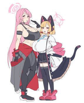 Rule 34 | 2girls, absurdres, animal ear headphones, animal ears, black gloves, black skirt, black thighhighs, blonde hair, blue archive, blue necktie, breasts, cat ear headphones, cat ears, commentary request, eimi (blue archive), fake animal ears, fake tail, gloves, gya rb, halo, headphones, highres, huge breasts, jacket, jacket partially removed, long hair, looking at viewer, momoi (blue archive), multiple girls, necktie, open mouth, pink hair, pink halo, shirt, simple background, skirt, smile, standing, tail, textless version, thighhighs, very long hair, white background, white shirt