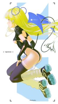 1girl abstract_background absurdres back_cutout black_thighhighs blonde_hair blue_wings breasts clothing_cutout demon_tail detached_sleeves detached_wings facing_away heattech_leotard highres leg_warmers leotard long_hair original parted_lips piroshiki_(aoraro) shoes solo tail thighhighs turtleneck underboob very_long_hair wings