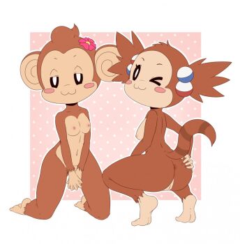 2girls :3 animal_ears anus ass ass_grab blush breasts cleft_of_venus feet flower flower_on_head furry hair_ornament highres kraycat lemur_girl lemur_tail looking_back meemee_(super_monkey_ball) monkey monkey_ears monkey_girl multiple_girls navel nipples nude one_eye_closed pussy sega smile soles spread_anus super_monkey_ball twintails wink yanyan_(super_monkey_ball)