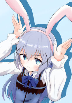 1girl absurdres animal_ear_hairband animal_ears apron blue_apron blue_background blue_bow blue_eyes blue_hair blue_theme blush bow breasts closed_mouth collared_shirt commentary_request dot_nose drop_shadow fake_animal_ears from_above furrowed_brow gochuumon_wa_usagi_desu_ka? hair_ornament hairband highres kafuu_chino long_hair long_sleeves looking_at_viewer looking_up lop_rabbit_ears n0wak1ch1 pout rabbit_ear_hairband rabbit_ears rabbit_house_uniform rabbit_pose shirt small_breasts solo upper_body white_shirt winter_uniform x_hair_ornament