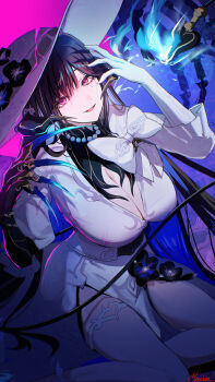 1girl absurdres asymmetrical_gloves bead_necklace beads black_flower black_hair bow breasts claws cleavage_cutout clothing_cutout colored_inner_hair commentary_request constance_(honkai:_star_rail) demon_horns demon_tail dress fire flame-tipped_tail flower gloves hat hat_flower highres honkai:_star_rail honkai_(series) horns jewelry large_breasts long_hair maria_(syake-uni) mismatched_gloves mole mole_under_eye multicolored_hair necklace pink_eyes purple_eyes seiza sitting sun_hat tail thigh_strap thighs tongue tongue_out very_long_hair white_dress