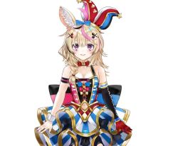 1girl ahoge animal_ear_fluff animal_ears animated arm_strap bare_shoulders blonde_hair blue_bow bow bowtie braid breasts clothing_cutout clown elbow_gloves facial_mark fox_ears gloves hair_between_eyes hair_ornament hair_over_shoulder hairclip halterneck hat hololive jester_cap keffiy kou_mashiro layered_skirt live2d long_hair medium_breasts navel navel_cutout official_art omaru_polka omaru_polka_(1st_costume) pink_bow playing_card_theme purple_eyes red_bow red_bowtie red_gloves side_braid single_elbow_glove skirt sleeve_cuffs solo spinning symbol-shaped_pupils tilted_headwear video virtual_youtuber x_hair_ornament yellow_bow