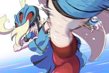 1girl bicycle_helmet bike_shorts black_shorts blonde_hair blue_eyes breasts covered_mouth dress fingerless_gloves fingernails gloves h_renah hair_over_one_eye helmet highres kicking korrina_(pokemon) long_fingernails looking_at_viewer medium_breasts motion_blur motion_lines nail_polish nintendo official_alternate_color one_eye_covered pokemon pokemon_masters_ex pokemon_xy shorts sleeveless sleeveless_dress solo speed_lines white_dress white_gloves yellow_nails