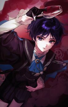 Rule 34 | 1boy, arm at side, artist name, ascot, black cloak, black gloves, black shorts, black vest, blue ascot, blunt ends, bright pupils, cloak, cnorkie, collared shirt, commentary request, cup, dress shirt, eyelashes, eyeliner, eyeshadow, formal clothes, frilled shirt collar, frilled sleeves, frills, from above, genshin impact, glass, gloves, hair intakes, half gloves, highres, holding, holding cup, long sleeves, looking at viewer, lying, makeup, male focus, official alternate costume, on back, open hand, parted lips, purple eyes, purple hair, red background, red eyeliner, red eyeshadow, scaramouche (genshin impact), shirt, shorts, signature, solo, spill, striped clothes, striped shorts, tsurime, undershirt, vest, wanderer (genshin fes 2026) (genshin impact), wanderer (genshin impact), white mouth, white pupils, wispy bangs