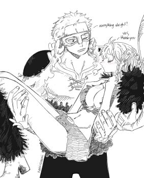 1girl 2boys artist_name blush braid braided_sidelock breasts capelet carrying cleavage closed_eyes closed_mouth cowboy_shot crop_top elasticity english_text extendable_limbs eye_mask fur-trimmed_capelet fur_trim greyscale high_heels highres large_breasts leg_warmers long_hair looking_at_another mask midriff miniskirt monkey_d._luffy monochrome multiple_boys nami_(one_piece) nami_(one_piece)_(elbaf) namixkawaii navel nose_blush official_alternate_costume official_alternate_hairstyle one_eye_closed one_piece out_of_frame princess_carry puff_of_air roronoa_zoro roronoa_zoro_(elbaf) scar scar_across_eye scar_on_face short_hair shoulder_pads skirt spot_color straw_hat_pirates sweatdrop white_background