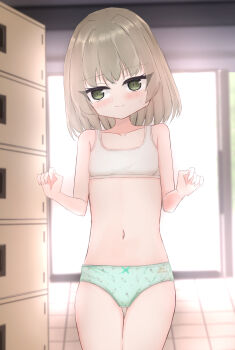 1girl blush bow bow_panties bra brown_hair clothes_writing collarbone crotch_seam door embarrassed flat_chest food_print green_bow green_eyes green_panties ice_cream_print locker locker_room loli looking_to_the_side navel original panties polka_dot polka_dot_panties print_panties shooko short_hair standing sweat underwear white_bra