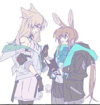 3girls amiya_(arknights) animal_ears arknights arknights:_endfield bird_girl blue_eyes brown_hair chibi coat gloves grey_hair hamha_s long_hair multiple_girls off_shoulder open_clothes open_coat perlica_(arknights) rabbit_ears rabbit_girl simple_background skirt w_(arknights) white_background