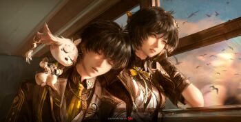 1boy 1girl abby_(wuthering_waves) absurdres black_hair black_jacket black_shirt bow bowtie breasts closed_eyes collared_shirt commentary dual_persona english_commentary evening female_rover_(perpetual_spark)_(wuthering_waves) female_rover_(wuthering_waves) head_on_another's_shoulder highres jacket jvn looking_outside male_rover_(perpetual_spark)_(wuthering_waves) male_rover_(wuthering_waves) medium_breasts necktie official_alternate_costume parted_lips rover_(wuthering_waves) shirt sleeping train_interior wuthering_waves yellow_bow yellow_bowtie yellow_eyes yellow_necktie