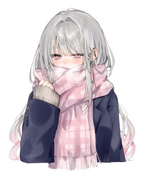 1girl absurdres barbell_piercing black_jacket blush covering_own_mouth ear_piercing gradient_hair grey_hair highres industrial_piercing jacket long_hair looking_at_viewer multicolored_hair original piercing pink_eyes pink_hair pink_scarf sana_(sanamaru_0w0) scarf simple_background solo upper_body white_background