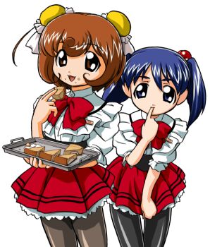 Rule 34 | 2girls, bandabekken, blue eyes, blue hair, bow, bowtie, bronze parrot, brown hair, cake, cake slice, closed mouth, cowboy shot, cummerbund, eating, finger in own mouth, food, food on face, frilled shirt, frills, hair bobbles, hair ornament, hamster no kurumi, holding, holding cake, holding food, holding tray, inu no nana, looking at viewer, miniskirt, multiple girls, open mouth, pantyhose, pleated skirt, red bow, red bowtie, red skirt, shirt, short hair, simple background, skirt, skirt tug, smile, standing, tenshi no shippo, tray, twintails, waitress, white background, white shirt