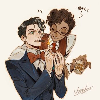 Rule 34 | 2boys, alastor (hazbin hotel), alastor (human) (hazbin hotel), black eyes, black hair, blue suit, brown hair, collared shirt, curly hair, dark-skinned male, dark skin, formal clothes, hazbin hotel, hellaverse, heterochromia, highres, juanmao, looking at another, multicolored hair, multiple boys, red vest, shirt, streaked hair, suit, vest, vox (hazbin hotel), vox (human) (hazbin hotel), white hair, white shirt