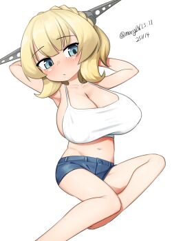 1girl absurdres arms_behind_head blonde_hair blue_eyes blue_shorts braid breasts cleavage colorado_(kancolle) crown_braid dated denim denim_shorts feet_out_of_frame headgear highres kantai_collection large_breasts maru_(marg0613) midriff navel one-hour_drawing_challenge short_hair short_shorts shorts simple_background solo tank_top twitter_username white_background white_tank_top