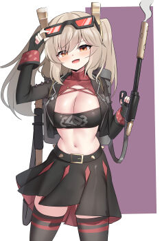 Rule 34 | 1girl, absurdres, adjusting eyewear, belly, black gloves, black jacket, black skirt, black thighhighs, black tube top, blonde hair, breasts, burnice white, cleavage, commentary, eyewear on head, fingerless gloves, flamethrower, gloves, highres, holding, holding flamethrower, holding weapon, jacket, large breasts, medium hair, miniskirt, navel, open mouth, skirt, solo, stomach, strapless, sunglasses, sweet roll (flu0313), thighhighs, thighs, tube top, twintails, two-tone background, weapon, zenless zone zero
