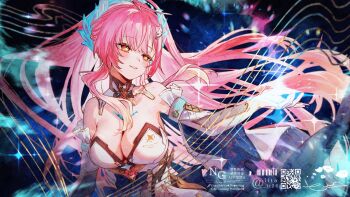 1girl aemeath_(wuthering_waves) bare_shoulders breasts cleavage commentary_request gloves highres long_hair lt26 medium_breasts parted_lips pink_hair smile solo star-shaped_pupils star_(symbol) symbol-shaped_pupils upper_body watermark white_gloves wuthering_waves yellow_eyes