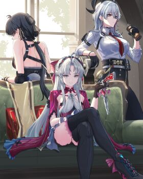 3girls absurdres ahoge arm_pouch arm_rest armpit_crease bare_shoulders black_boots black_choker black_dress black_gloves black_hair black_horns black_pants boots bow bpo_00 breasts button_gap can canned_coffee carlotta_(wuthering_waves) choker closed_mouth collared_shirt commentary_request couch crossed_legs curled_horns dress drink_can earrings elbow_pads female_rover_(wuthering_waves) from_behind gloves gun hair_between_eyes hair_bow hair_ornament hair_ribbon hairband hairclip half_gloves hand_up harness high-waist_pants highres holding holding_can holding_gun holding_weapon horns indoors jacket jewelry key_earrings large_breasts leaning_back leaning_on_object long_hair long_sidelocks looking_ahead looking_at_viewer looking_back medium_breasts mole mole_under_eye multicolored_eyes multiple_girls necktie on_couch pangu_terminal_(wuthering_waves) pants parallel_hairclips parted_bangs pink_bow pink_hairband pink_jacket pink_thighhighs pouch red_eyes red_necktie ribbon rover_(wuthering_waves) shirt shirt_tucked_in sidelocks sitting sleeves_rolled_up smile standing striped_bow thighhighs thighhighs_under_boots tight_clothes tight_pants triangle_earrings two-tone_eyes very_long_hair weapon white_dress white_hair white_shirt window wuthering_waves yellow_eyes yellow_ribbon zani_(wuthering_waves)