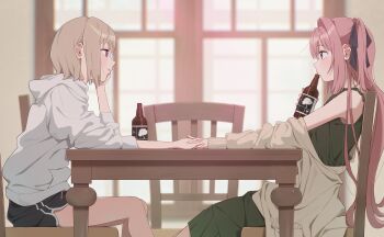 2girls absurdres alcohol bare_shoulders black_ribbon blue_eyes blurry blurry_background blush bottle brown_hair cardigan chair commentary_request dolphin_shorts dress elbow_on_table elbow_rest eye_contact green_dress hair_intakes hair_ribbon hand_on_own_face head_rest highres holding holding_bottle holding_hands hood hood_down hoodie indoors interlocked_fingers kamiina_botan kamiina_botan_yoeru_sugata_wa_yuri_no_hana long_hair looking_at_another mochi_(m0chi0000) multiple_girls on_chair parted_lips pink_hair purple_eyes ribbon short_hair shorts sitting sleeveless sleeveless_dress table tonami_ibuki white_hoodie yuri