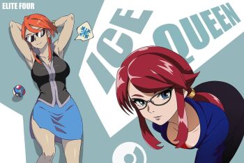 1girl armpits ass bare_shoulders blue_eyes breasts glasses large_breasts lips long_hair long_sleeves looking_at_viewer lorelei_(pokemon) nintendo poke_ball pokemon pokemon_(anime) pokemon_(classic_anime) pokemon_frlg ponytail red_hair rio_chico_art skirt sleeveless sunglasses