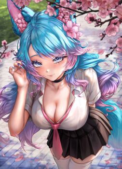 1girl absurdres animal_ear_fluff animal_ears black_skirt blue_eyes blue_hair blue_tail breasts cherry_blossoms choker cleavage commentary english_commentary flower gradient_hair hair_flower hair_ornament highres indie_virtual_youtuber large_breasts long_hair looking_at_viewer multicolored_hair necktie pink_flower pink_hair pink_necktie sainty shirt silvervale skirt solo tail thighhighs thighs virtual_youtuber white_shirt white_thighhighs wolf_ears wolf_girl wolf_tail