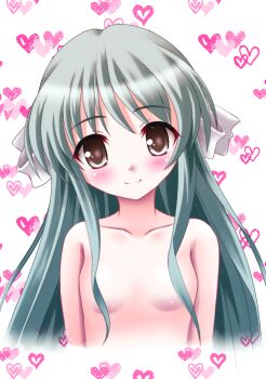 1girl blush bow breasts brown_eyes closed_mouth collarbone commentary_request cropped_torso daitoshokan_no_hitsujikai green_hair hair_bow hair_censor hair_over_breasts heart heart_background highres kaze_makase long_hair nude simple_background small_breasts smile solo upper_body ureshino_sayumi white_background white_bow