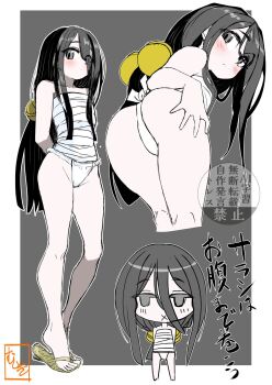 1girl ass bell black_eyes black_hair chibi chibi_inset chuugoku_usagi commentary_request flat_chest fundoshi grey_background grey_eyes highres japanese_clothes jingle_bell long_hair nigihayahi-ozunu sandals sarashi simple_background voicevox