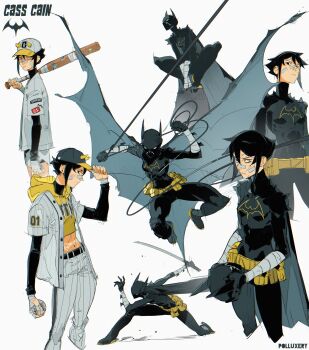 Rule 34 | 1girl, absurdres, baseball cap, baseball uniform, batman (series), belt, black bodysuit, bodysuit, cape, cassandra cain, dc comics, hat, highres, jacket, midriff, multiple views, open clothes, open jacket, pants, polluxery, simple background, skin tight, solo, sportswear, utility belt, white background