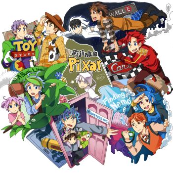 6+boys :d :o a_bug&#039;s_life age_difference ahoge animification backpack bad_id bad_pixiv_id badge bag ball black_hair blue_eyes blue_hair bodysuit boo_(monsters_inc.) boots brown_eyes brown_hair buttons buzz_lightyear carrying cars_(movie) checkered_flag child christmas_lights company_connection copyright_name cowboy cowboy_hat cowboy_western crossover detached_sleeves dew_drop disney door dory dory_(finding_nemo) dot_(a_bug&#039;s_life) dress_shirt electric_plug eve_(wall-e) everyone extra_eyes fang finding_nemo fire_extinguisher fish flag flik_(a_bug&#039;s_life) floating_hair flower flying freckles frown gloves glowing goggles green_eyes green_hair grey_eyes grey_hair grin hair_between_eyes hair_over_one_eye hand_on_own_hip hat hat_tip holding horns james_p._sullivan james_p_sullivan lamp leaf lightning_mcqueen long_hair long_sleeves looking_at_viewer luxo_jr. marlin mato_(mozu_hayanie) mike_wazowski monsters_inc. multicolored_hair multiple_boys multiple_girls necktie open_mouth orange_hair orange_shirt outstretched_arms overalls pants personification pixar ponytail purple_hair red_eyes running shading_eyes sharp_teeth sheriff_badge sheriff_woody shirt short_hair short_sleeves short_twintails signature silhouette single_vertical_stripe sky sleeve_cuffs smile space spacesuit spread_arms star_(sky) star_(symbol) starry_sky striped_clothes striped_shirt sweater teeth toy_story twintails vest visor_cap walk-in wall-e wall-e_(character) water water_drop wavy_hair western white_hair