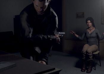 1boy 1girl 3d absurdres breasts brown_eyes brown_hair chair hands_up highres jewelry konstantin lara_croft necklace sitting skvrwiel tomb_raider weapon