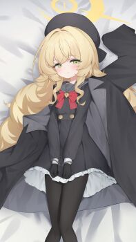 1girl absurdres bed_sheet beret black_coat black_dress black_gloves black_hat black_pantyhose black_sailor_collar black_serafuku blonde_hair blue_archive blush bow bowtie buttons chinese_commentary ciza_gomi closed_mouth coat coat_partially_removed commentary cowboy_shot cuffed cuffs dot_nose dress feet_out_of_frame flat_chest fluffy_hair frilled_dress frills gloves green_eyes hair_between_eyes halo handcuffed handcuffs hat highres loli long_hair long_sleeves looking_at_viewer lying on_back on_bed open_clothes open_coat pantyhose professor_niyaniya_(blue_archive) red_bow red_bowtie sailor_collar school_uniform serafuku side_ahoge sidelocks smile solo thighs very_long_hair wavy_hair yellow_halo