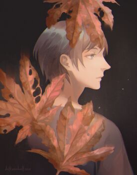 1boy autumn_leaves bilingual_commentary black_background black_eyes black_hair child commentary driftwoodwolf english_commentary expressionless grey_shirt leaf male_focus maple_leaf mixed-language_commentary original shirt simple_background upper_body