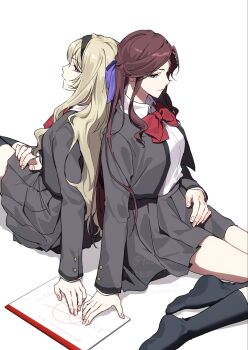 2girls arm_at_side back-to-back black_hairband black_socks black_thighhighs bow bowtie breasts closed_mouth collared_shirt cowboy_shot fingernails fu_iwashibou grey_jacket grey_skirt hair_between_eyes hair_bow hair_ornament hairband half_updo hand_on_lap highres jacket knee_up light_smile long_hair long_sleeves looking_down looking_to_the_side medium_breasts miniskirt multiple_girls no_shoes open_clothes open_jacket parted_bangs pink_eyes pleated_skirt purple_bow red_bow red_bowtie saijou_claudine school_uniform seishou_music_academy_uniform shadow shirt shirt_tucked_in shoujo_kageki_revue_starlight sidelocks sideways_glance simple_background sitting sketchbook skirt socks tendou_maya thighhighs twitter_username very_long_hair watermark white_background white_shirt x_hair_ornament
