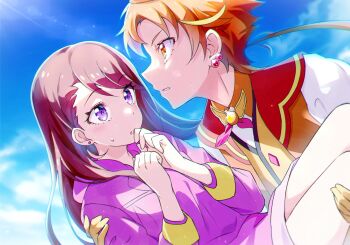 Rule 34 | 1boy, 1girl, asymmetrical bangs, blue sky, blush, brooch, brown hair, carrying, closed mouth, cloud, cloudy sky, cure wing, day, earrings, frown, gloves, hetero, highres, hijiri ageha, hirogaru sky! precure, hood, hoodie, jacket, jewelry, kyoutsuugengo, lens flare, light blush, long hoodie, looking at another, low ponytail, magical boy, open clothes, open jacket, open mouth, orange gloves, orange hair, orange jacket, orange vest, outdoors, pink hoodie, pink jacket, ponytail, precure, princess carry, puffy short sleeves, puffy sleeves, purple eyes, red eyes, short sleeves, sky, stud earrings, sunlight, sweatdrop, vest, wing brooch, yuunagi tsubasa