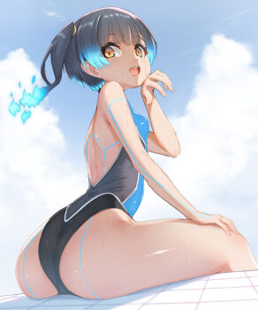 1girl artist_request ass bare_legs bare_shoulders blue_hair cloud female_focus highres looking_at_viewer one-piece_swimsuit open_mouth orange_eyes outdoors poolside sena_(xenoblade) shadow sitting solo swimsuit wet xenoblade_chronicles_(series) xenoblade_chronicles_3