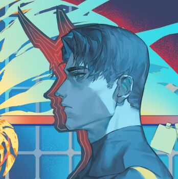 1boy blue_eyes blue_hair blue_theme different_shadow from_side highres horns jing84672940 limbus_company limited_palette male_focus meursault_(project_moon) official_alternate_costume portrait project_moon r_corp._(identity)_(project_moon) serious short_hair sideburns solo tile_wall tiles