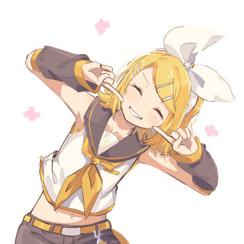1girl artist_name bare_shoulders belt blonde_hair blush bow closed_eyes collarbone collared_shirt crop_top detached_sleeves facing_viewer fingers_to_cheeks grey_sailor_collar grey_shorts grin hair_bow hair_ornament hairclip hairpin highres kagamine_rin leaning_to_the_side light_blush m0ti midriff multiple_hairpins navel pointing pointing_at_self sailor_collar shirt short_hair shorts sleeveless sleeveless_shirt smile solo swept_bangs treble_clef upper_body v-shaped_eyebrows vocaloid white_background white_bow yellow_bow