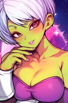 1girl absurdres alien breasts cheelai cleavage colored_skin dragon_ball dragon_ball_super highres large_breasts looking_at_viewer portrait smile solo upper_body