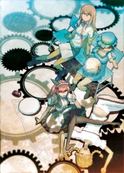 absurdres akiha_rumiho amane_suzuha animal_ear_hairband animal_ears apron aqua_eyes arm_belt arm_support arms_up belt belt_around_waist belt_buckle bench black_hair black_shorts black_skirt black_trim blue_dress blue_eyes blue_hat bob_cut braid breast_pocket breasts brown_hair brown_jacket buckle buttons cat_ears closing_eyes clothes_lift collar collarbone collared_shirt dress drill_hair fake_animal_ears fallen_down frilled_collar frilled_dress frilled_hairband frilled_hat frilled_skirt frills frown gears hair_between_eyes hair_over_shoulder hair_tie hairband hand_up hat highres huke jacket jacket_partially_removed leather_belt long_hair long_skirt looking_at_another looking_down looking_up lying maid maid_apron maid_headdress makise_kurisu mayqueen_maid_uniform medium_hair metal_upa midriff_peek navel necktie no_shoes non-web_source official_art on_back on_bench one_eye_closed open_mouth pants pink_eyes pink_hair pink_lips pocket puffy_short_sleeves puffy_sleeves purple_eyes purple_trim red_necktie red_ribbon ribbon ribbon-trimmed_collar ribbon-trimmed_corset ribbon-trimmed_hairband ribbon-trimmed_sleeves ribbon_trim ringed_eyes science_adventure shiina_mayuri shiny_lips shirt shirt_lift short_sleeves shorts sitting skirt small_breasts square_pupils steins;gate steins;gate:_my_darling&#039;s_embrace striped_clothes striped_pants striped_shirt sunflower_hat_ornament surprised tareme teeth tongue tsurime twin_braids twin_drills twintails upa_(steins;gate) white_apron white_belt white_dress white_pants white_shirt wrist_cuffs