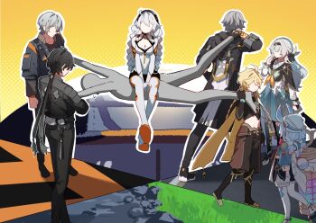 1other 3girls 4boys aether_(genshin_impact) animal_ears black_hair blonde_hair boots braid breasts caelus_(honkai:_star_rail) coat commentary_request crossover faceless faceless_female faceless_male firefly_(honkai:_star_rail) genshin_impact gloves grey_hair hat honkai:_star_rail honkai_(series) honkai_impact_3rd jacket kiana_kaslana long_hair long_sleeves low_twintails male_rover_(wuthering_waves) multiple_boys multiple_crossover multiple_girls nara_nakiri pants ponytail pulling rover_(wuthering_waves) short_sleeves short_twintails sigewinne_(genshin_impact) sitting sitting_on_person standing trailblazer_(honkai:_star_rail) twin_braids twintails twitter_username white_gloves wise_(zenless_zone_zero) wuthering_waves zenless_zone_zero