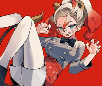 1girl apron black_bow black_bowtie blue_eyes bow bowtie breasts commentary_request cosplay ebi_(shrimp_eleven) gen_6_pokemon glasses gradient_hair griselle_(pokemon) highres large_breasts litleo litleo_(cosplay) looking_at_viewer multicolored_hair nintendo open_mouth orange_apron orange_hair pantyhose pokemon pokemon_legends:_z-a ponytail print_apron red_background red_hair shirt shorts smile split_ponytail two-tone_hair waist_apron white-framed_eyewear white_hair white_pantyhose white_shirt white_shorts