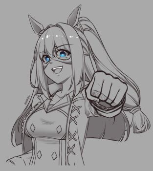 Rule 34 | 1girl, akkanen, animal ears, blue eyes, breasts, coat, commentary, cropped torso, domino mask, ear ornament, ear scrunchie, el condor pasa (el numero 1) (umamusume), el condor pasa (umamusume), english commentary, eye mask, fist bump, hair between eyes, horse ears, horse girl, long hair, looking at viewer, mask, medium breasts, monochrome, open clothes, open coat, open mouth, outstretched arm, ponytail, shirt, simple background, smile, spot color, umamusume