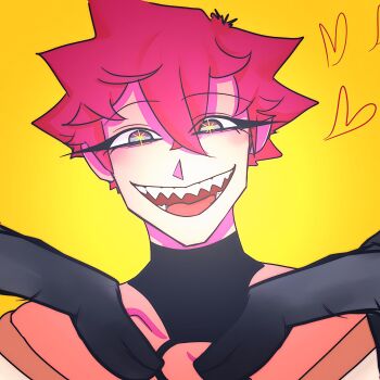 1boy demon_boy heart highres looking_at_viewer open_mouth teeth to_eat_a_god unum_(to_eat_a_god) upper_body visual_novel yellow_background yellow_eyes