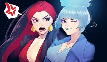 Rule 34 | 2girls, animification, black hair, blue hair, blue lips, closed mouth, commentary request, disneyland, dress, earrings, farja, fiery hair, fire, formal clothes, highres, jewelry, lipstick, long hair, long sleeves, makeup, ms. hades, multiple girls, rl10 02, smile