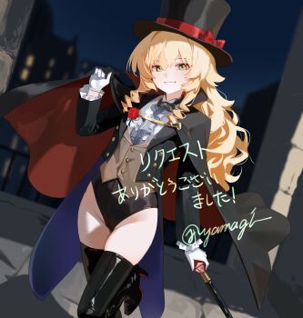 1girl absurdres arm_up black_boots black_cloak black_hat black_jacket black_leotard black_thighhighs blonde_hair boots brown_vest cane cloak commentary_request commission flower gem gloves green_eyes grin groin hat high_heel_boots high_heels highleg highleg_leotard highres holding_cloak jacket leg_up leotard leotard_under_clothes long_hair multicolored_cloak original outdoors phantom_thief phantom_thief_(kkmomo67) red_cloak rose shirt skeb_commission smile solo standing standing_on_one_leg thigh_boots thighhighs thighs top_hat two-sided_cloak two-sided_fabric two-tone_cloak vest white_gloves white_shirt yoojp