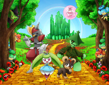 :3 alternate_color artist_name axe basket bisharp black_eyes black_hat black_sclera blue_bow blue_dress blue_hat blue_shirt blue_sky bow brick_road bright_pupils cacturne castle clear_sky closed_eyes closed_mouth clothed_pokemon colored_sclera commentary cosplay day diancie dorothy_gale dorothy_gale_(cosplay) dress english_commentary flabebe floating floette flower foongus gen_3_pokemon gen_5_pokemon gen_6_pokemon gen_7_pokemon grass green_shirt hat highres holding holding_axe holding_basket holding_flower in_bubble in_tree legendary_pokemon litleo long_sleeves mega_diancie mega_pokemon morelull mythical_pokemon nintendo open_mouth outdoors over_shoulder panpour pansage pansear parody picnic_basket pink_eyes pokemon pokemon_(creature) pokemon_focus rainbow red_eyes red_flower road scarecrow_(the_wizard_of_oz) scarecrow_(the_wizard_of_oz)_(cosplay) shiny_pokemon shirt signature sky smile steenee the_wizard_of_oz thecalendork tin_man_(the_wizard_of_oz) tin_man_(the_wizard_of_oz)_(cosplay) tree watermark wavy_mouth weapon weapon_over_shoulder white_pupils wicked_witch_of_the_west wicked_witch_of_the_west_(cosplay) witch_hat yellow_brick_road yellow_eyes yellow_sclera