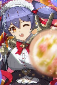 1girl android apron bow breasts chest_jewel hair_bow highres holding large_breasts looking_at_viewer maid maid_apron maid_headdress mechanical_hands one_eye_closed open_mouth orange_eyes poppi_(xenoblade) poppi_qt_(xenoblade) purple_hair red_bow red_ribbon ribbon robot_ears smile solo teeth throwing twintails upper_teeth_only xenoblade_chronicles_(series) xenoblade_chronicles_2 zer00han