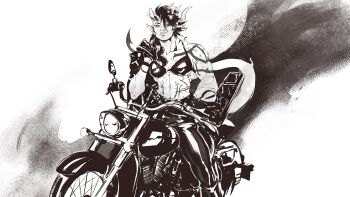 Rule 34 | abs, absurdres, baldur's gate, baldur's gate 3, bra, caio santos, demon girl, demon horns, demon tail, gloves, highres, horns, jacket, jacket on shoulders, karlach, looking at viewer, monochrome, motor vehicle, motorcycle, muscular, muscular female, pointy ears, scar, tail, tiefling, underwear